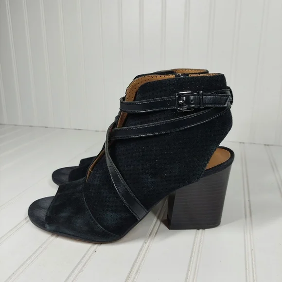 Franco Sarto Fantana Black Suede Leather Crisscross Strap Heeled Peep To… E727 - Picture 3 of 11